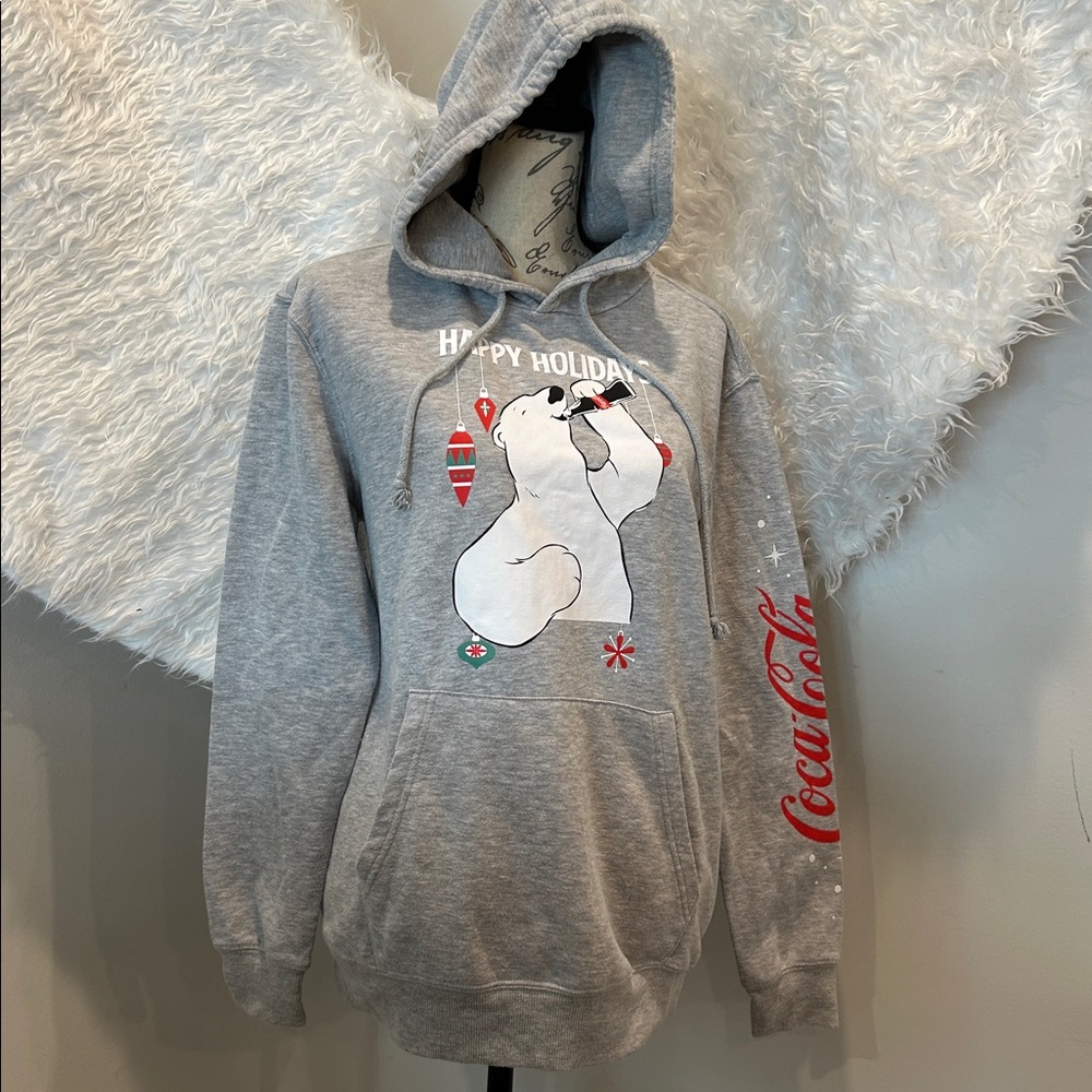 VTG Coca-Cola Sweatshirt Polar Bear Hoodie Mens Gray Christmas Happy Holidays - Picture 4 of 12